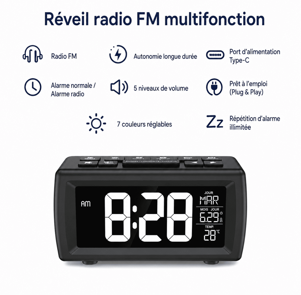 Fonctions du radio réveil enfant : double alarme, Snooze, radio FM et mode semaine