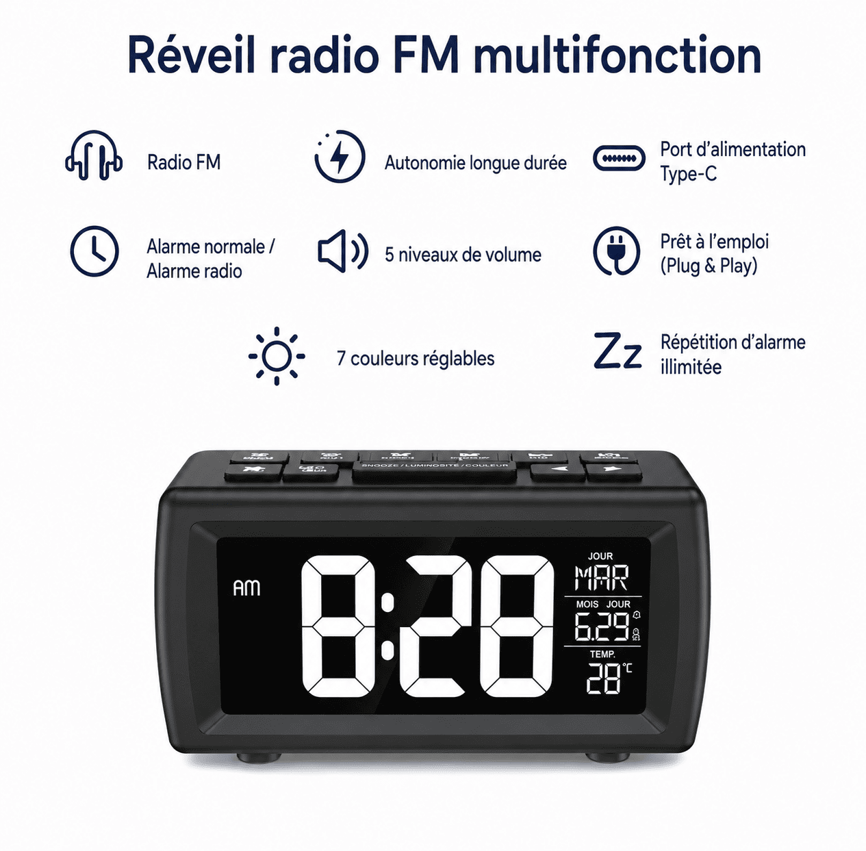 Fonctions du radio réveil enfant : double alarme, Snooze, radio FM et mode semaine