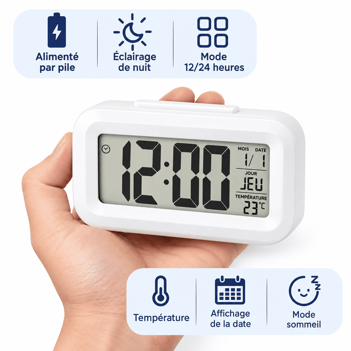 Réveil numérique enfant avec affichage de la température, date, mode 12 ou 24 heures et éclairage de nuit