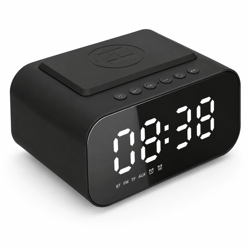 radio réveil connecté chargeur induction noir sur fond blanc - monreveil.com