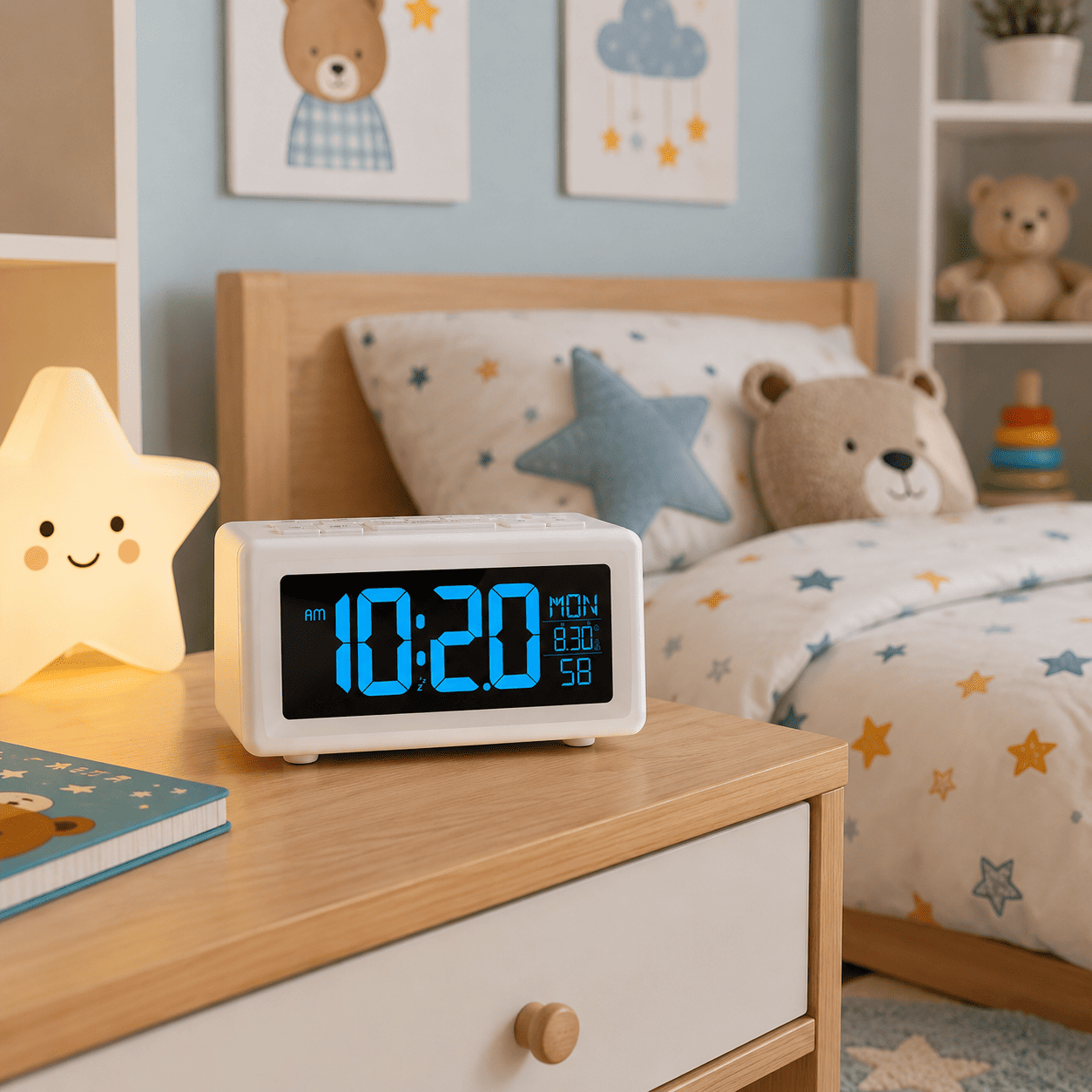 Radio réveil enfant blanc installé sur la table de nuit d’une chambre