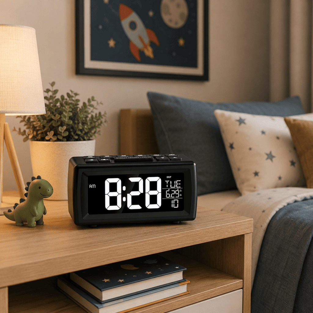 Radio réveil enfant noir posé sur une table de nuit dans une chambre