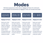 Réglages du réveil numérique avec configuration de l’heure, de l’alarme, de l’année et de la date