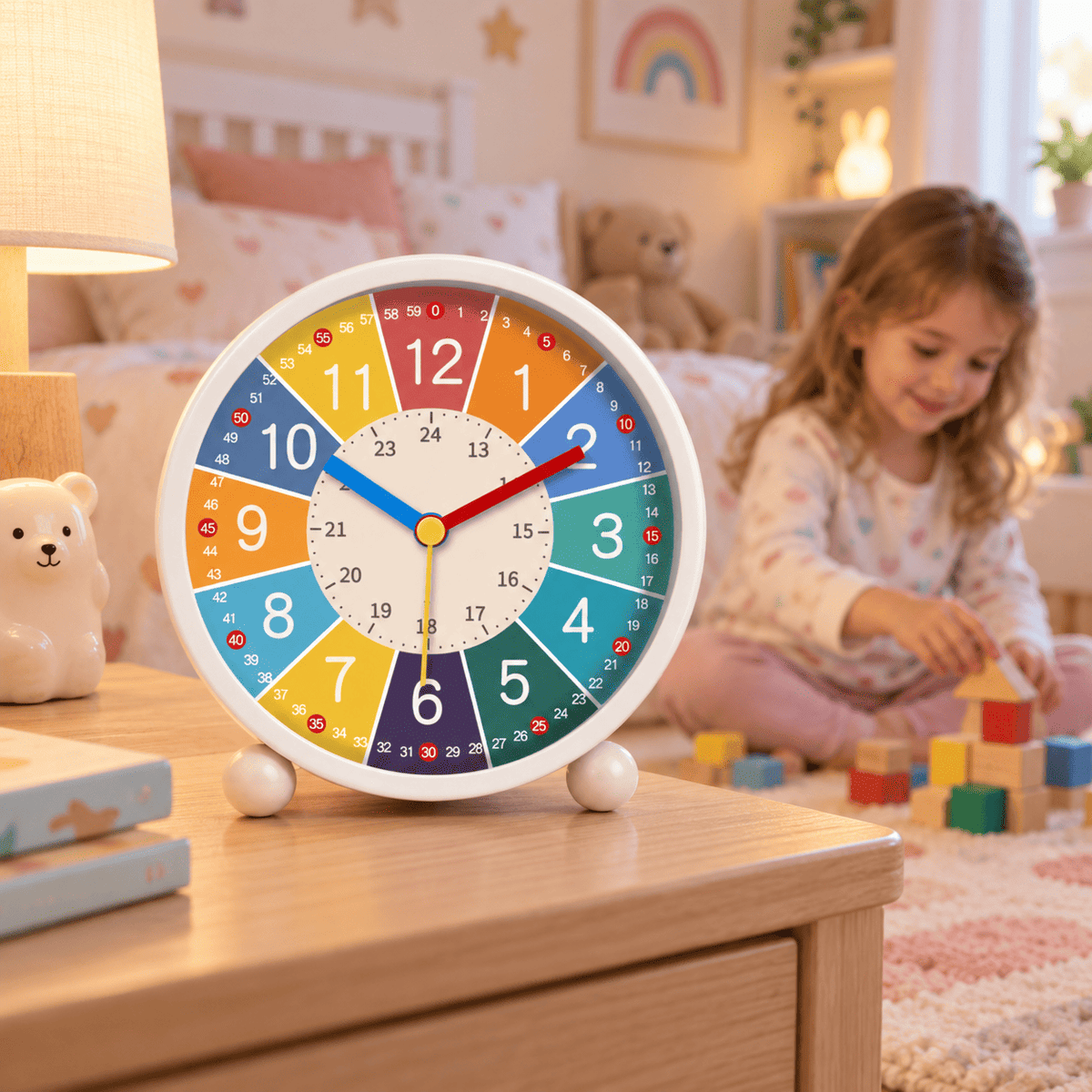 Réveil analogique éducatif coloré dans une chambre d’enfant pour apprendre à lire l’heure