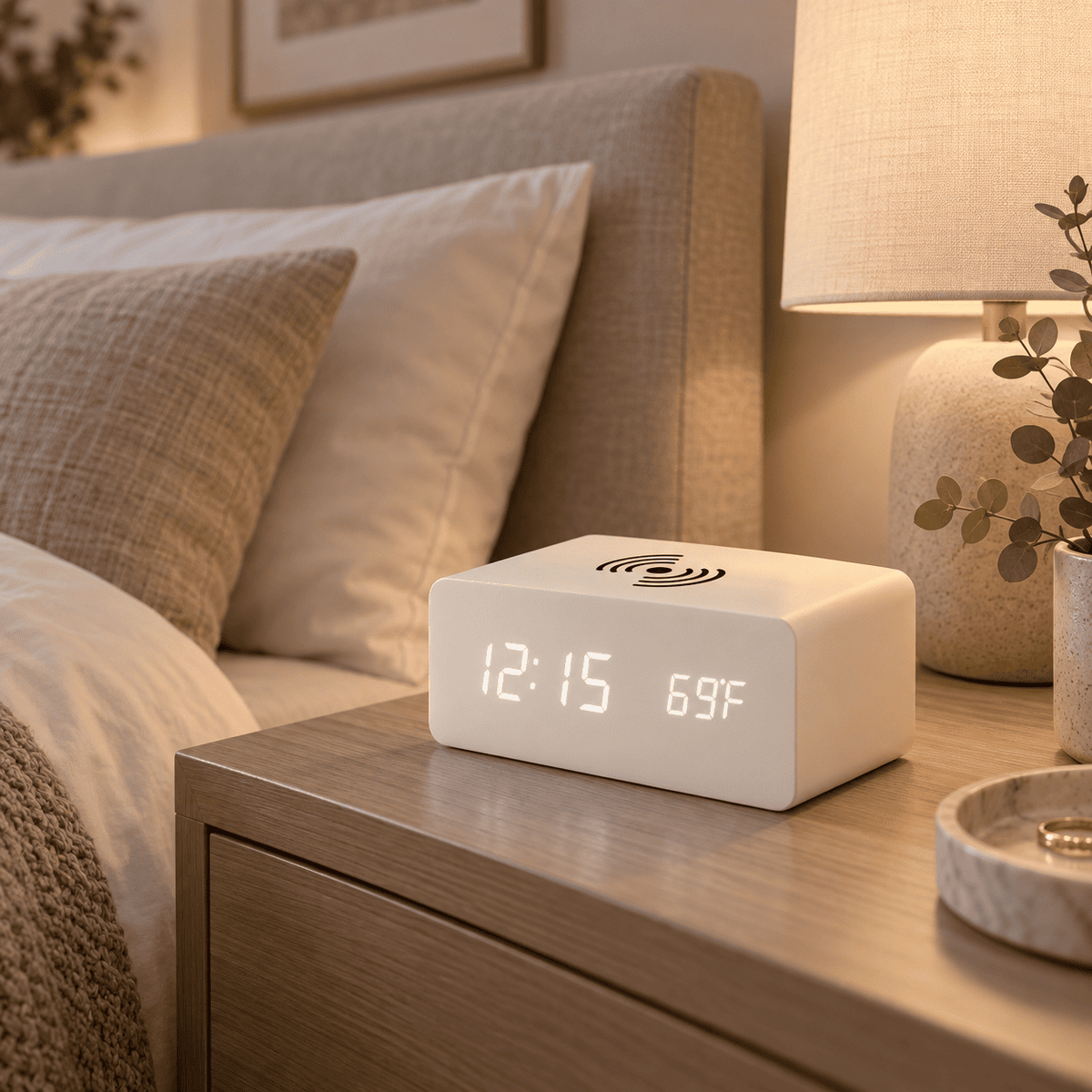 Réveil bois chargeur induction blanc posé sur une table de chevet dans une chambre adulte