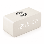 Réveil bois chargeur induction blanc avec affichage LED de l’heure et de la température