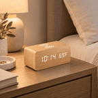 Réveil bois chargeur induction bois clair posé sur une table de chevet dans une chambre adulte