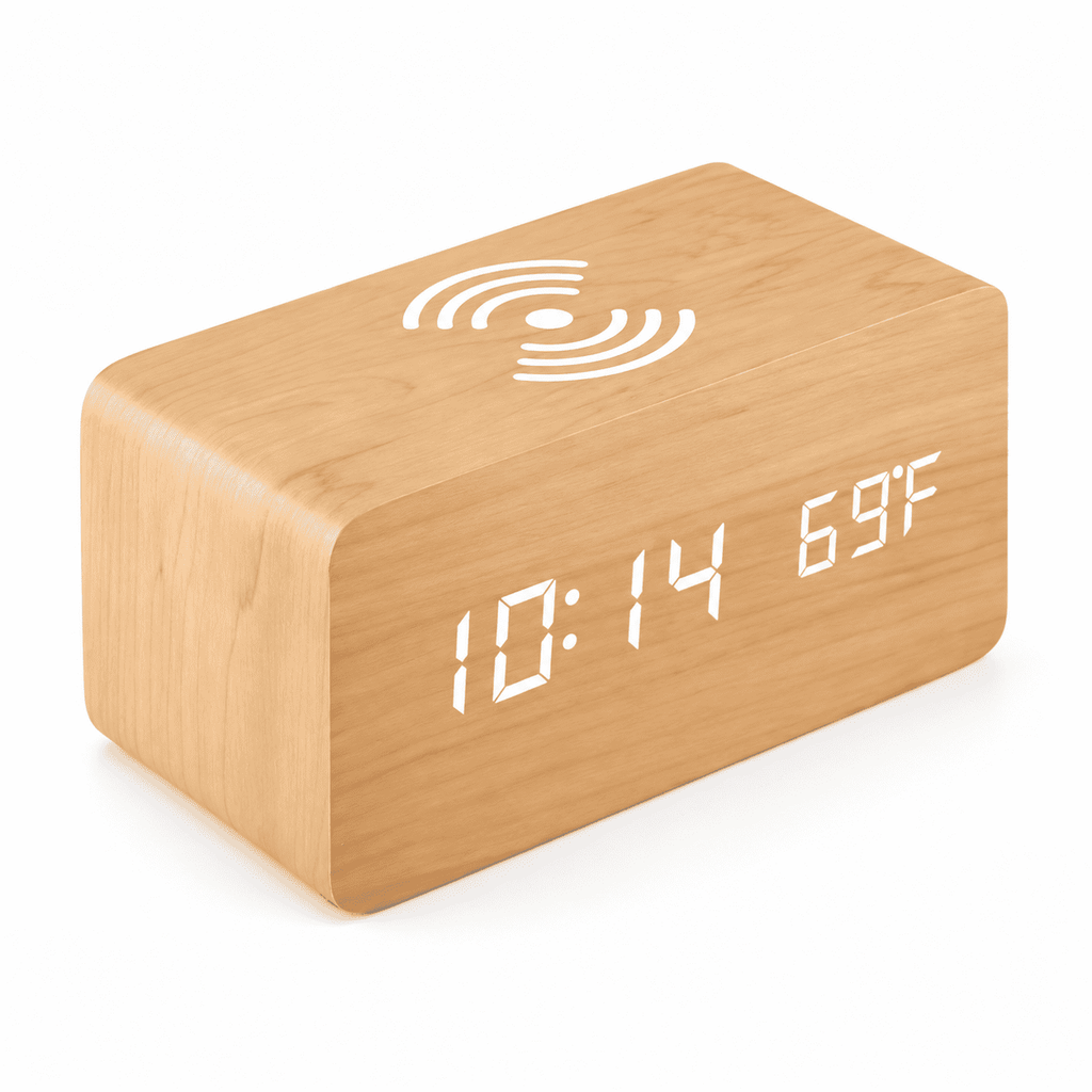Réveil bois chargeur induction finition bois clair avec affichage LED de l’heure et de la température