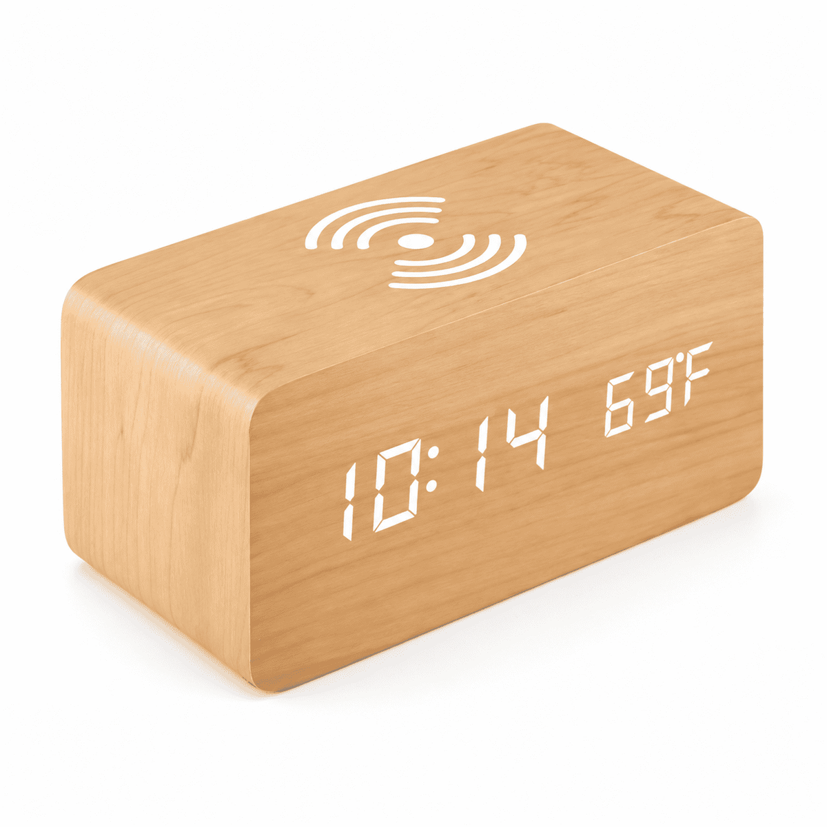 Réveil bois chargeur induction finition bois clair avec affichage LED de l’heure et de la température