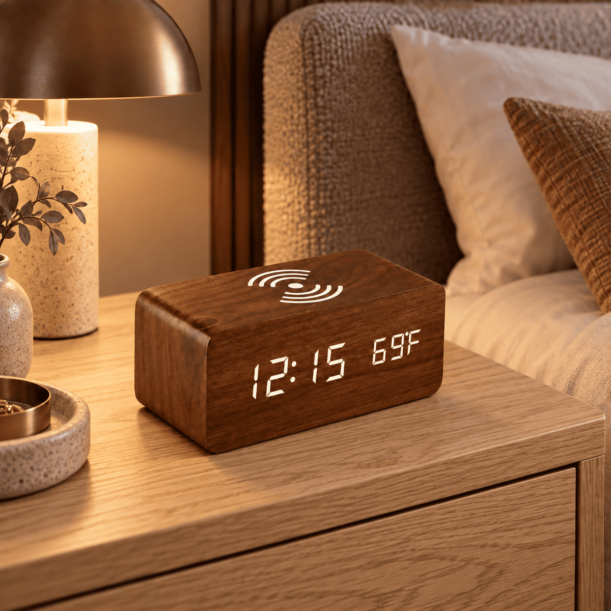 Réveil bois chargeur induction bois foncé posé sur une table de chevet dans une chambre adulte