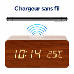 Réveil bois avec chargeur sans fil intégré et affichage LED de l’heure et de la température
