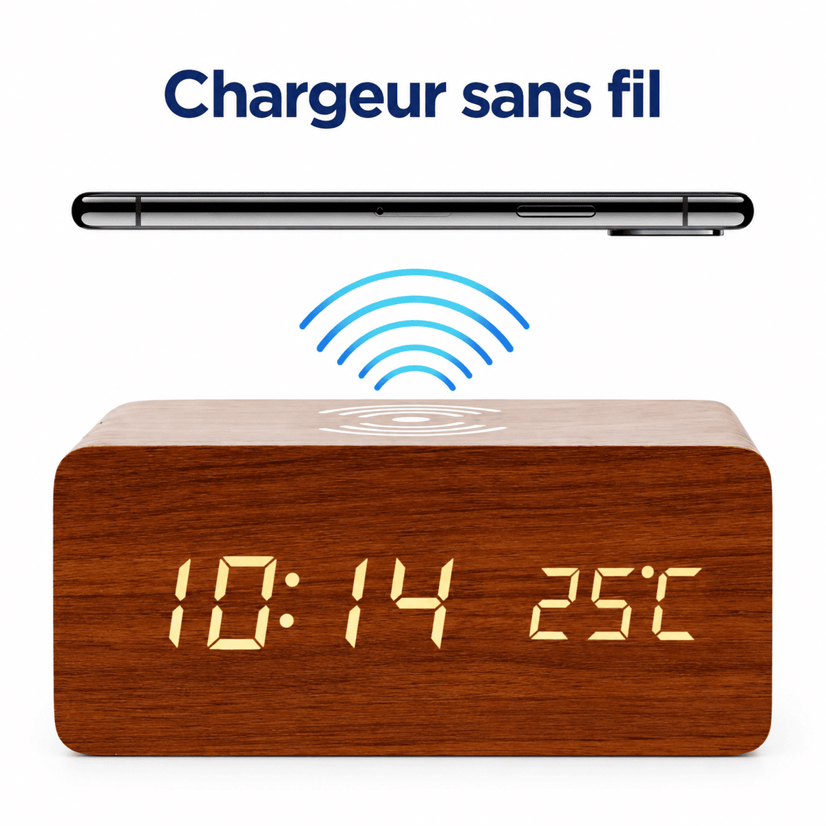 Réveil bois avec chargeur sans fil intégré et affichage LED de l’heure et de la température