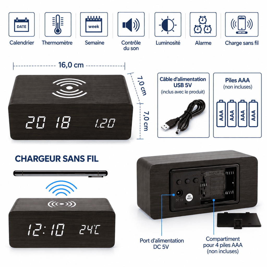 Infographie du réveil bois chargeur induction avec dimensions, fonctions, alimentation USB et compartiment à piles