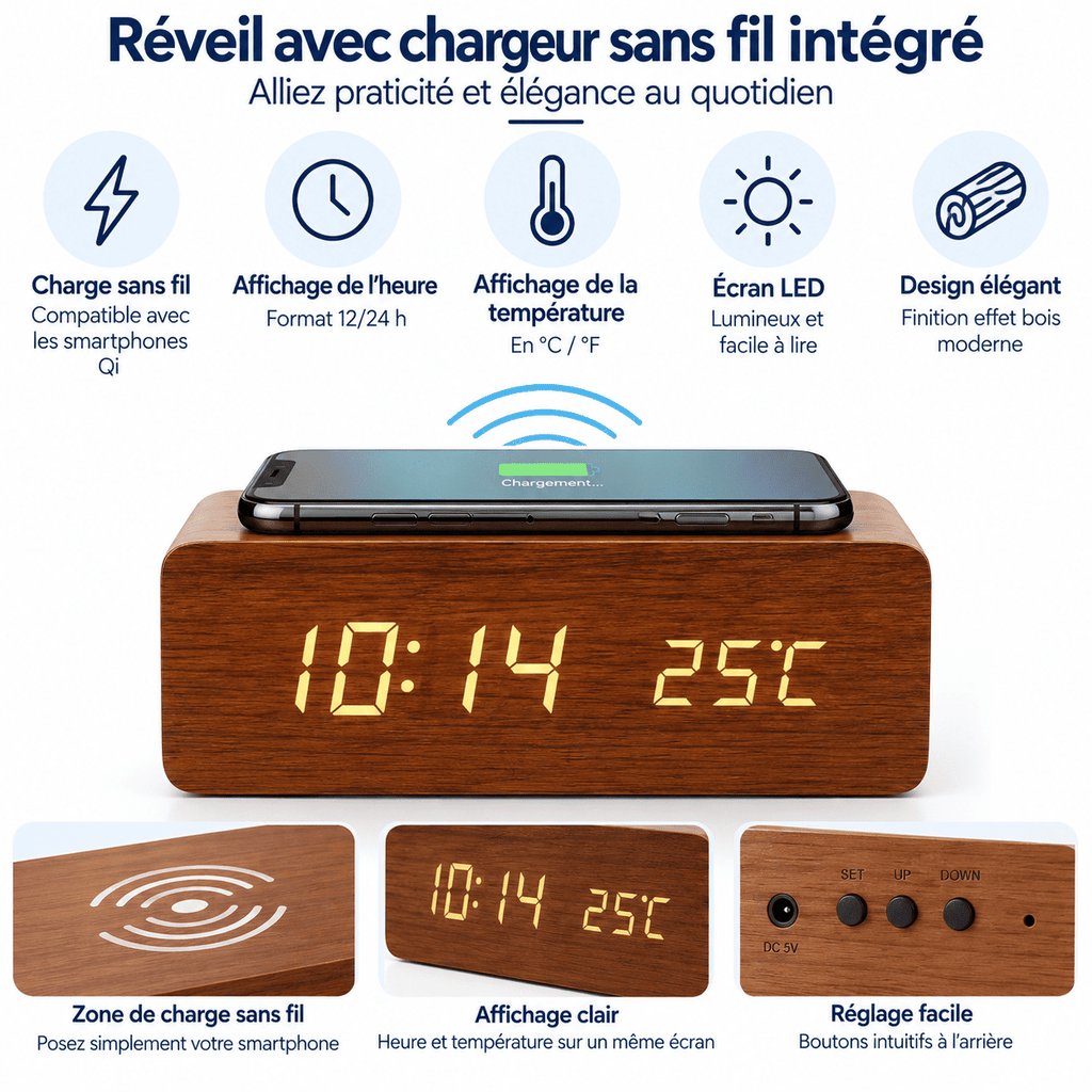 Infographie du réveil bois avec chargeur sans fil intégré, affichage de l’heure, de la température et design effet bois