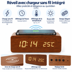 Infographie du réveil bois avec chargeur sans fil intégré, affichage de l’heure, de la température et design effet bois