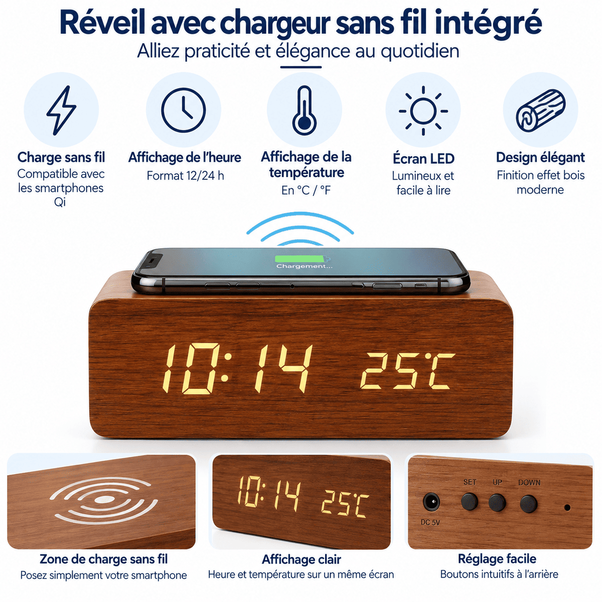 Infographie du réveil bois avec chargeur sans fil intégré, affichage de l’heure, de la température et design effet bois