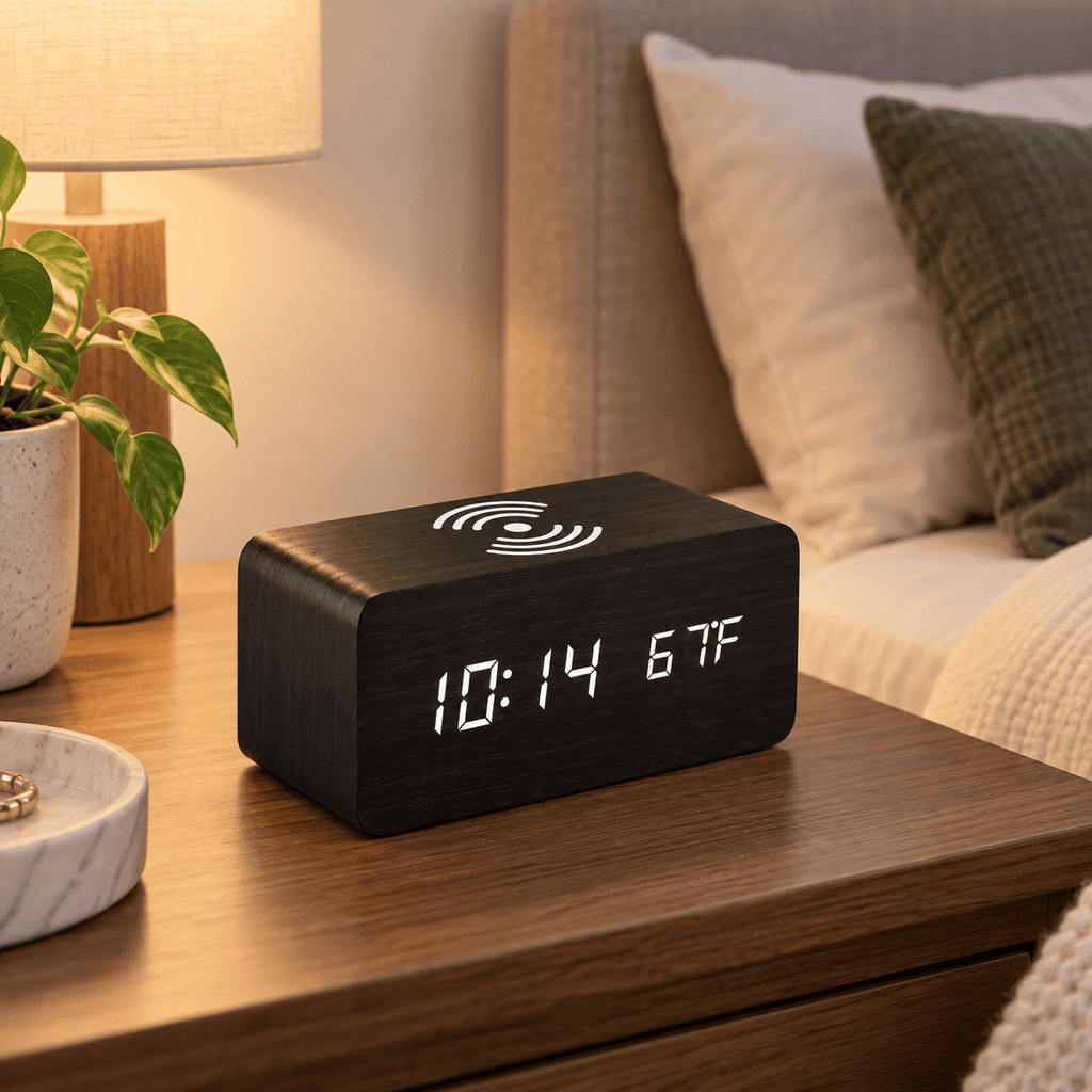 Réveil bois chargeur induction noir posé sur une table de chevet dans une chambre adulte