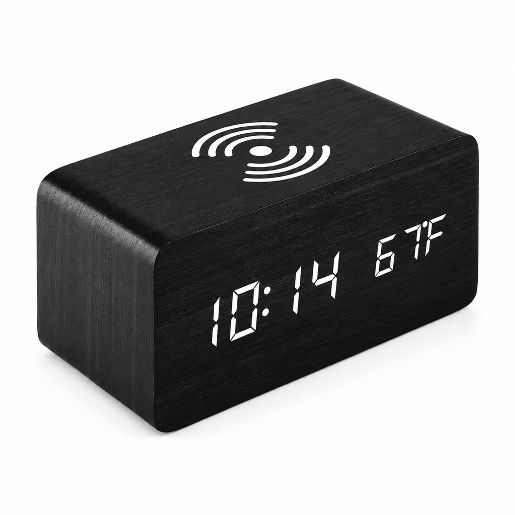 Réveil bois chargeur induction noir avec affichage LED de l’heure et de la température