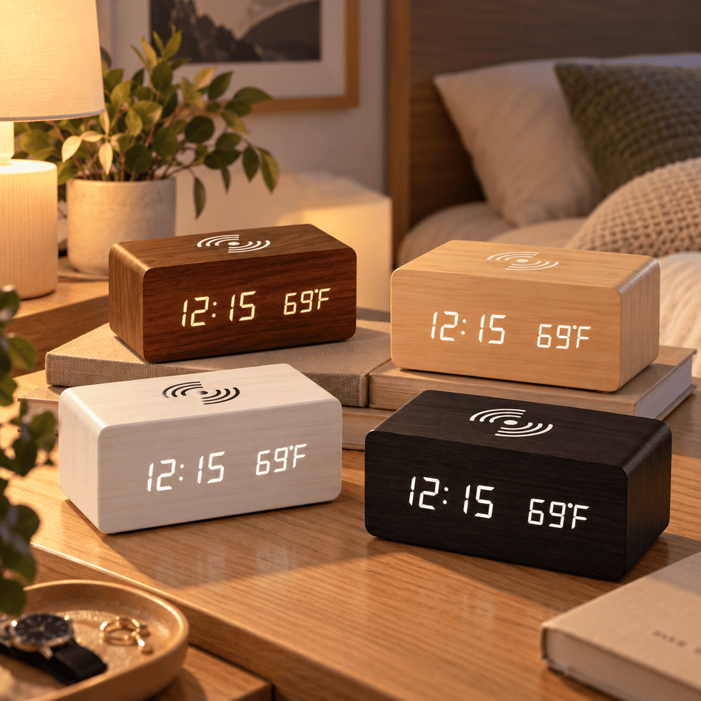 Réveil bois chargeur induction en quatre coloris posé dans une chambre adulte