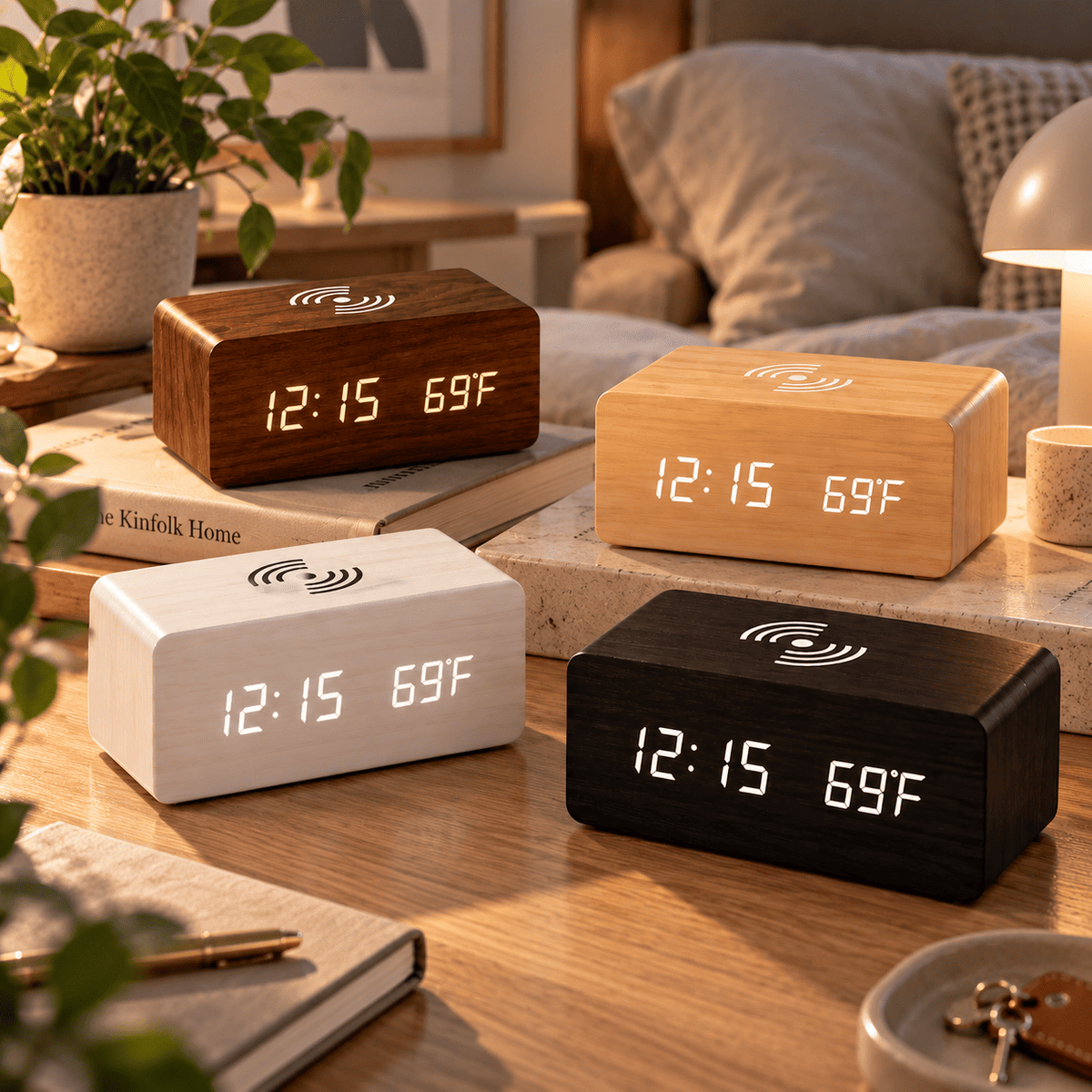Réveil bois chargeur induction en quatre finitions sur une table de chevet dans une chambre adulte