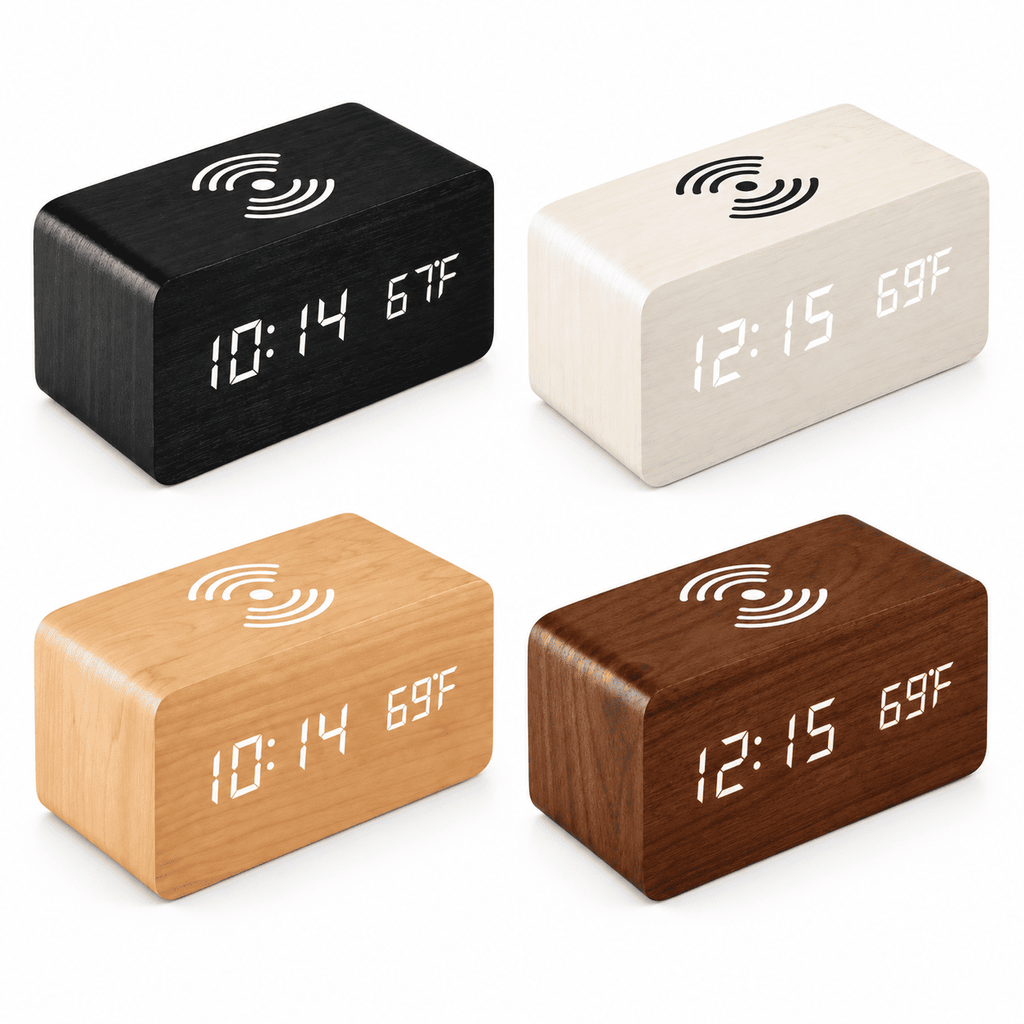 Réveil bois chargeur induction disponible en quatre finitions : noir, blanc, bois clair et bois foncé