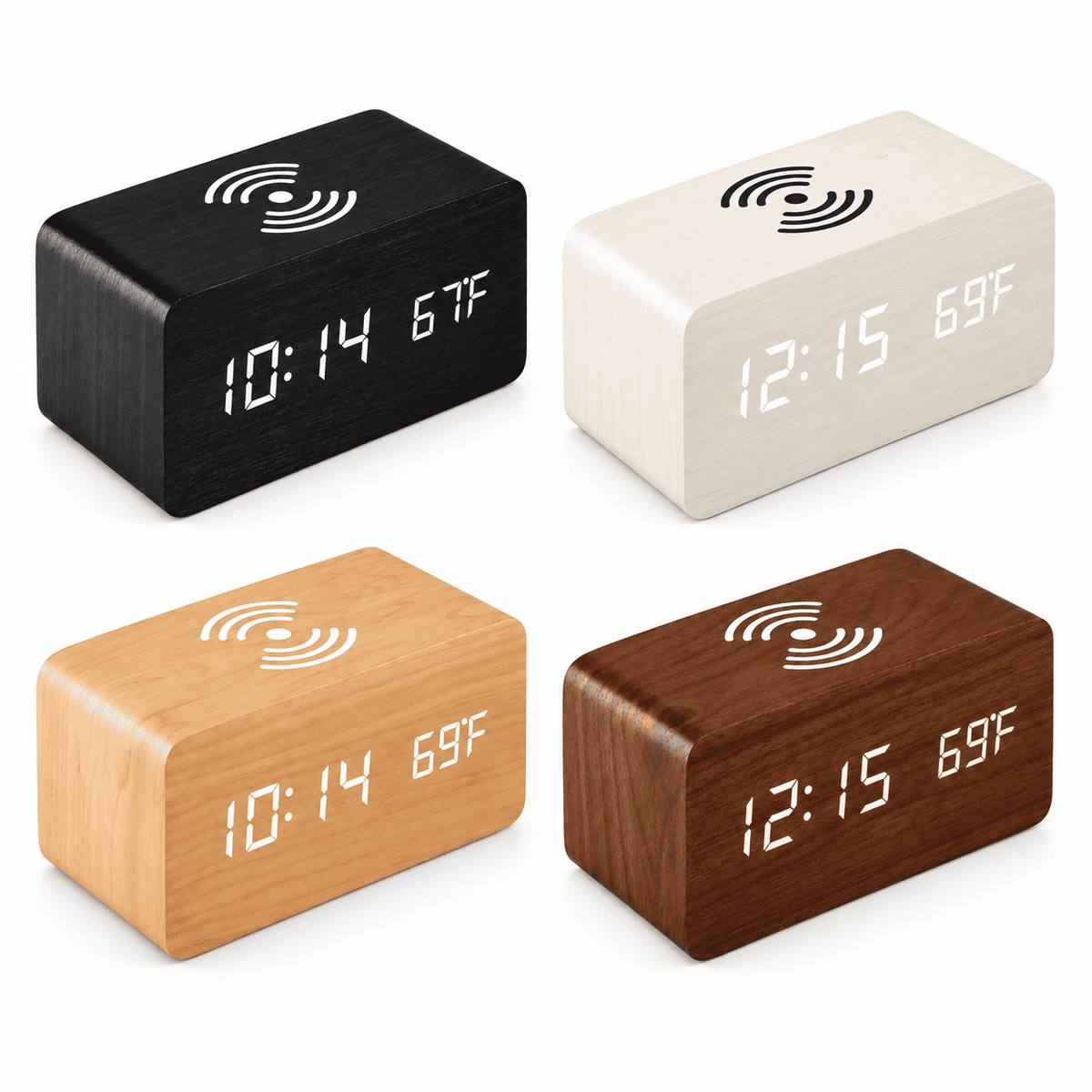 Réveil bois chargeur induction disponible en quatre finitions : noir, blanc, bois clair et bois foncé