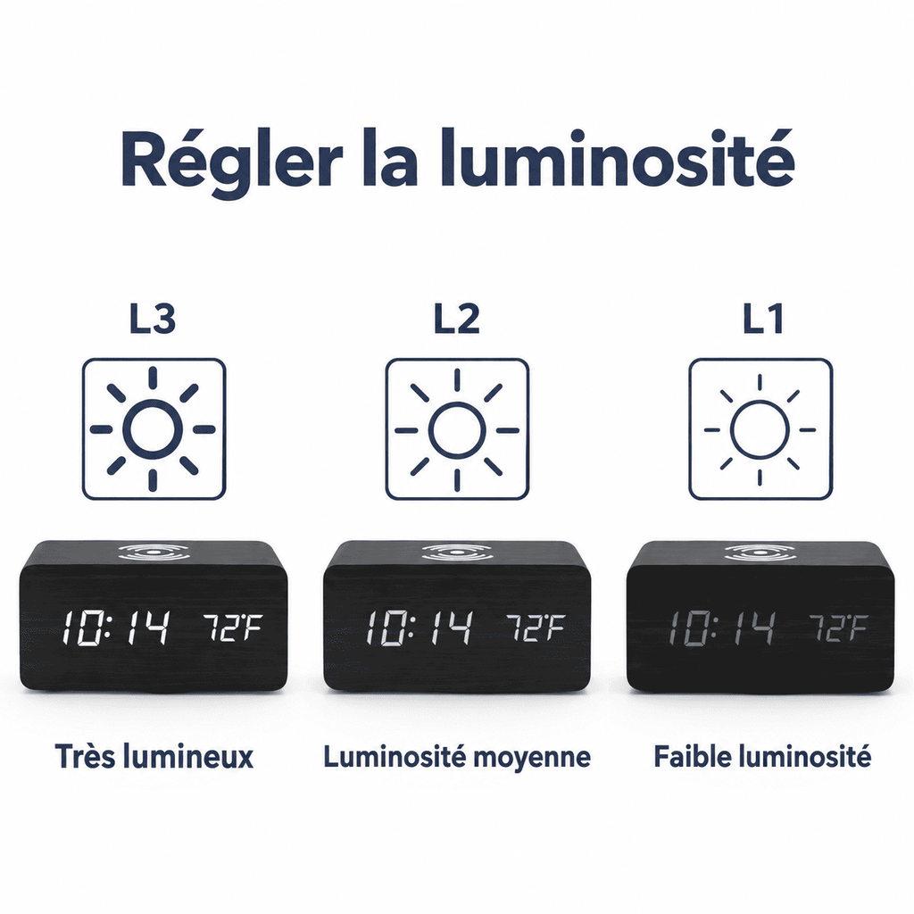 Réveil bois chargeur induction avec trois niveaux de luminosité de l’écran LED