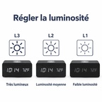 Réveil bois chargeur induction avec trois niveaux de luminosité de l’écran LED