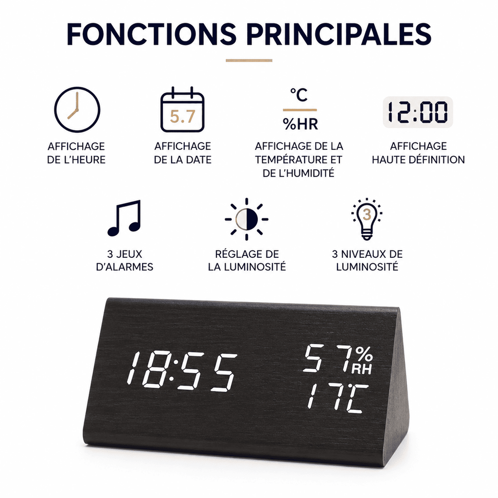 reveil bois 3 jeux d'alarmes réglage de la luminosité - monreveil.com