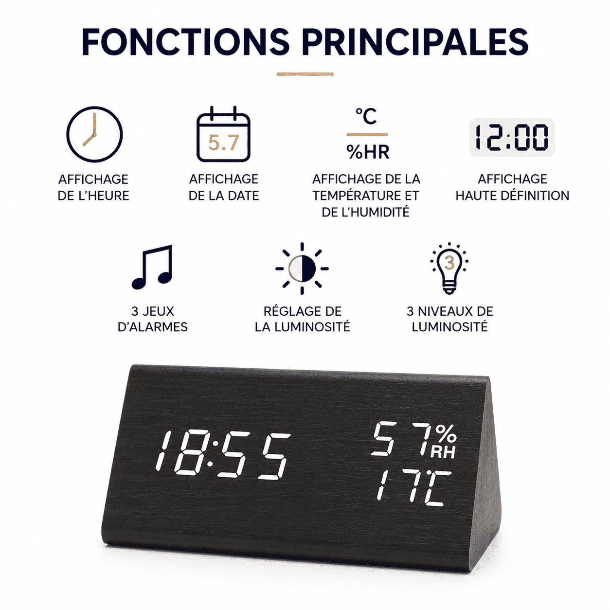 reveil bois 3 jeux d'alarmes réglage de la luminosité - monreveil.com