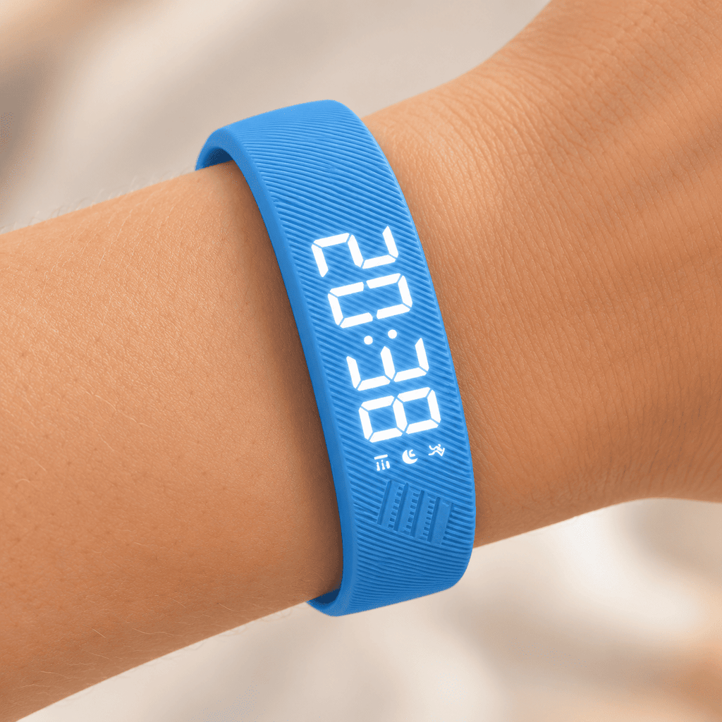 Réveil bracelet vibrant bleu porté au poignet avec affichage numérique lumineux