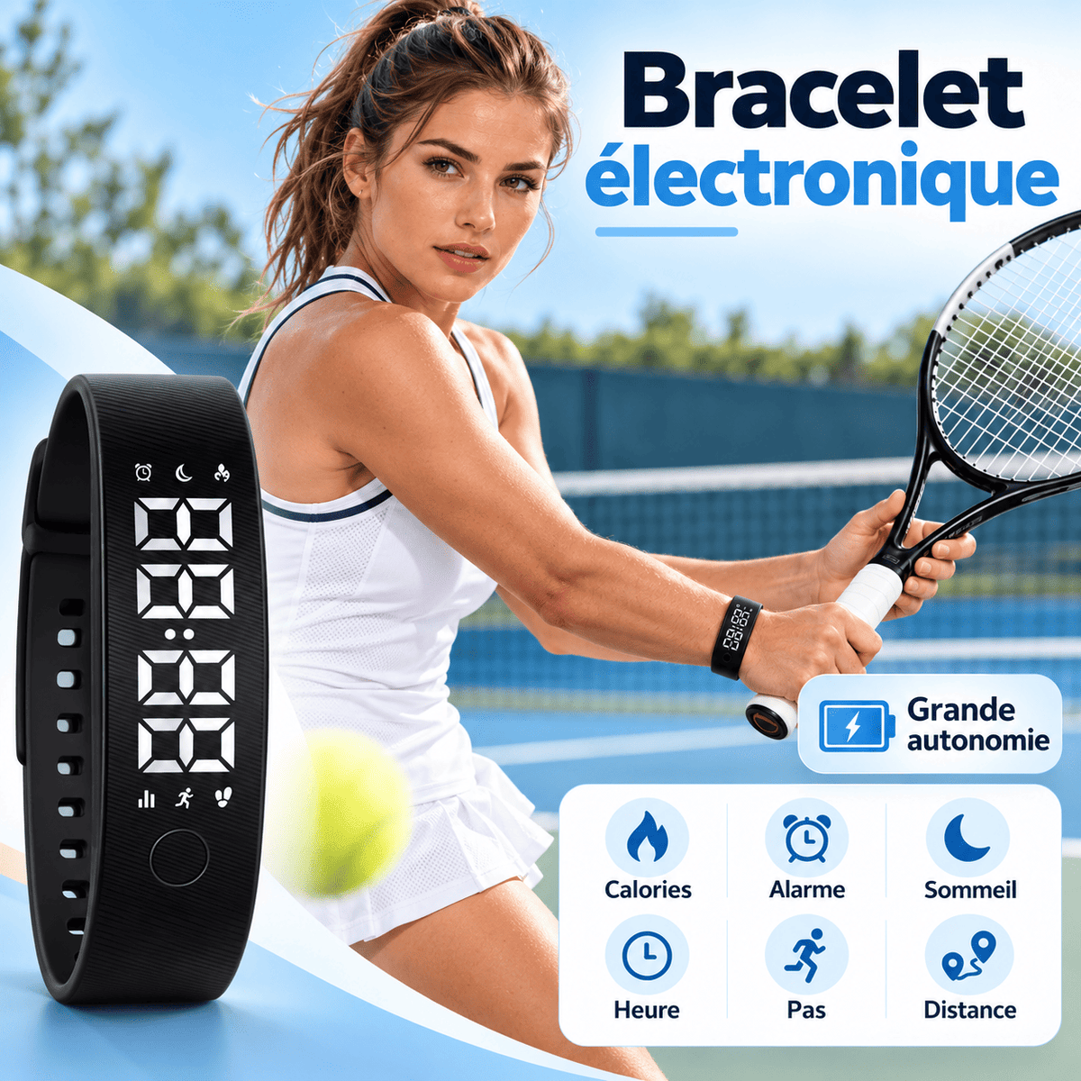 Réveil bracelet vibrant porté par une sportive sur un court de tennis avec mise en avant de la grande autonomie et des fonctions activité