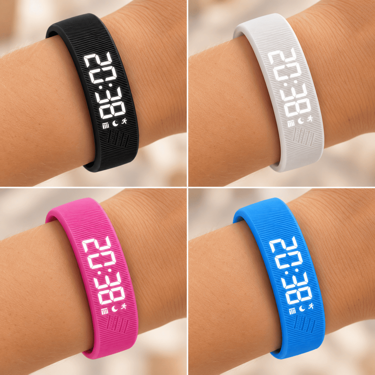 Réveil bracelet vibrant présenté en 4 coloris au poignet : noir, blanc, rose et bleu