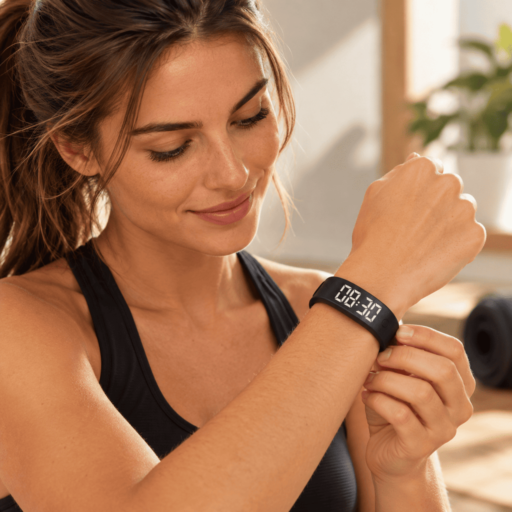 Femme portant un réveil bracelet vibrant noir au poignet et consultant l’affichage de l’heure