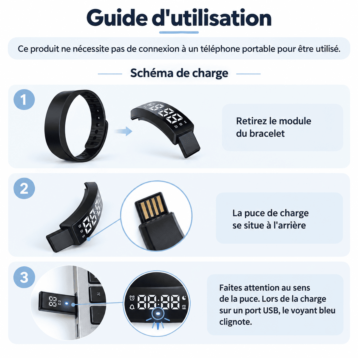 Guide d’utilisation du réveil bracelet vibrant montrant comment retirer le module et le recharger sur port USB