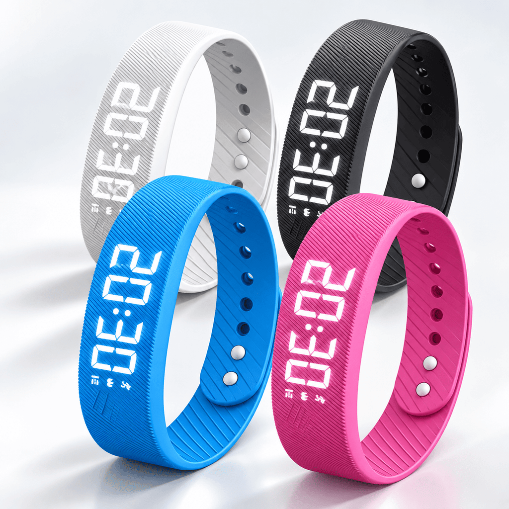 Réveil bracelet vibrant disponible en quatre couleurs : blanc, noir, bleu et rose
