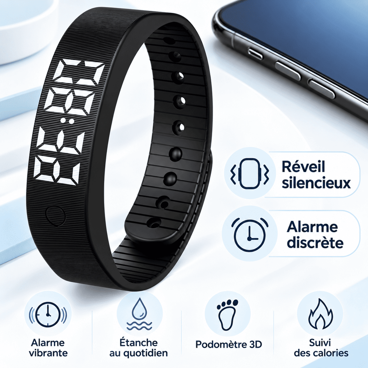 Réveil bracelet vibrant noir avec fonctions réveil silencieux, alarme discrète, alarme vibrante, étanchéité, podomètre 3D et suivi des calories