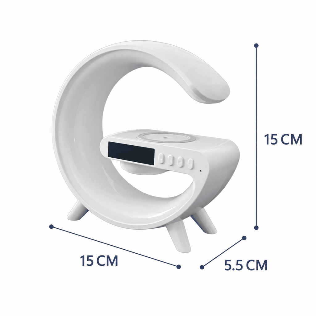 Réveil connecté intelligent sur fond blanc avec les dimensions 
