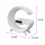 Réveil connecté intelligent sur fond blanc avec les dimensions 