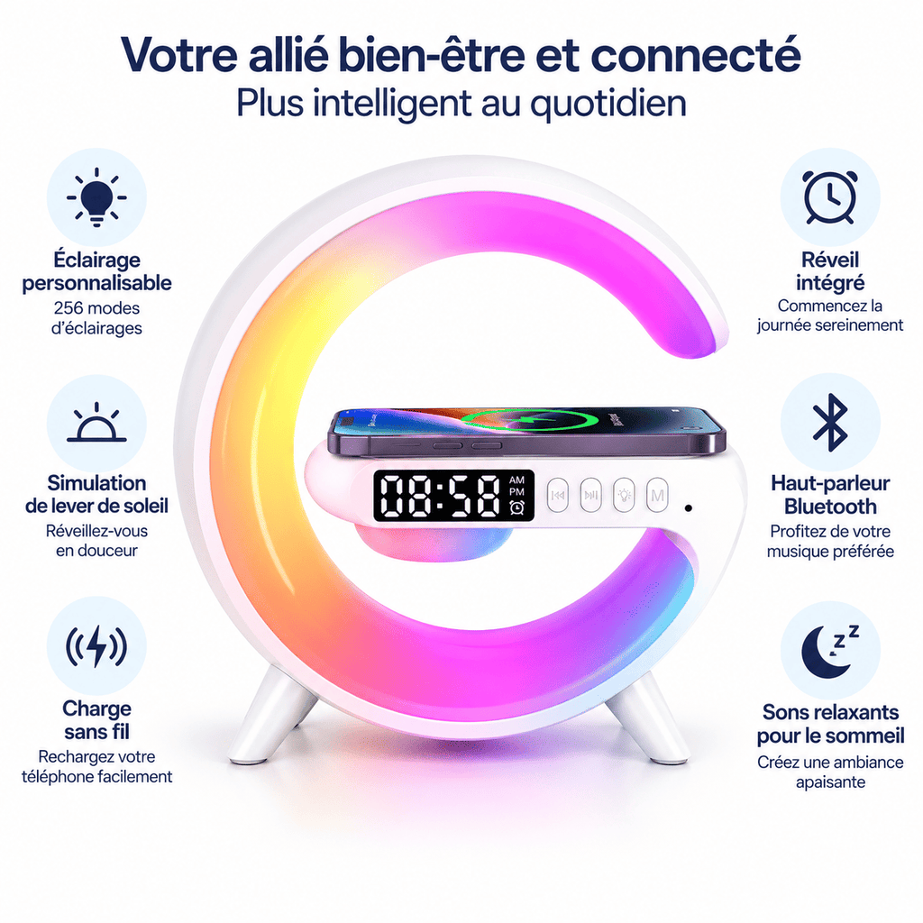 Réveil connecté intelligent, plusieurs modes d'éclairage, Bluetooth, sons relaxants