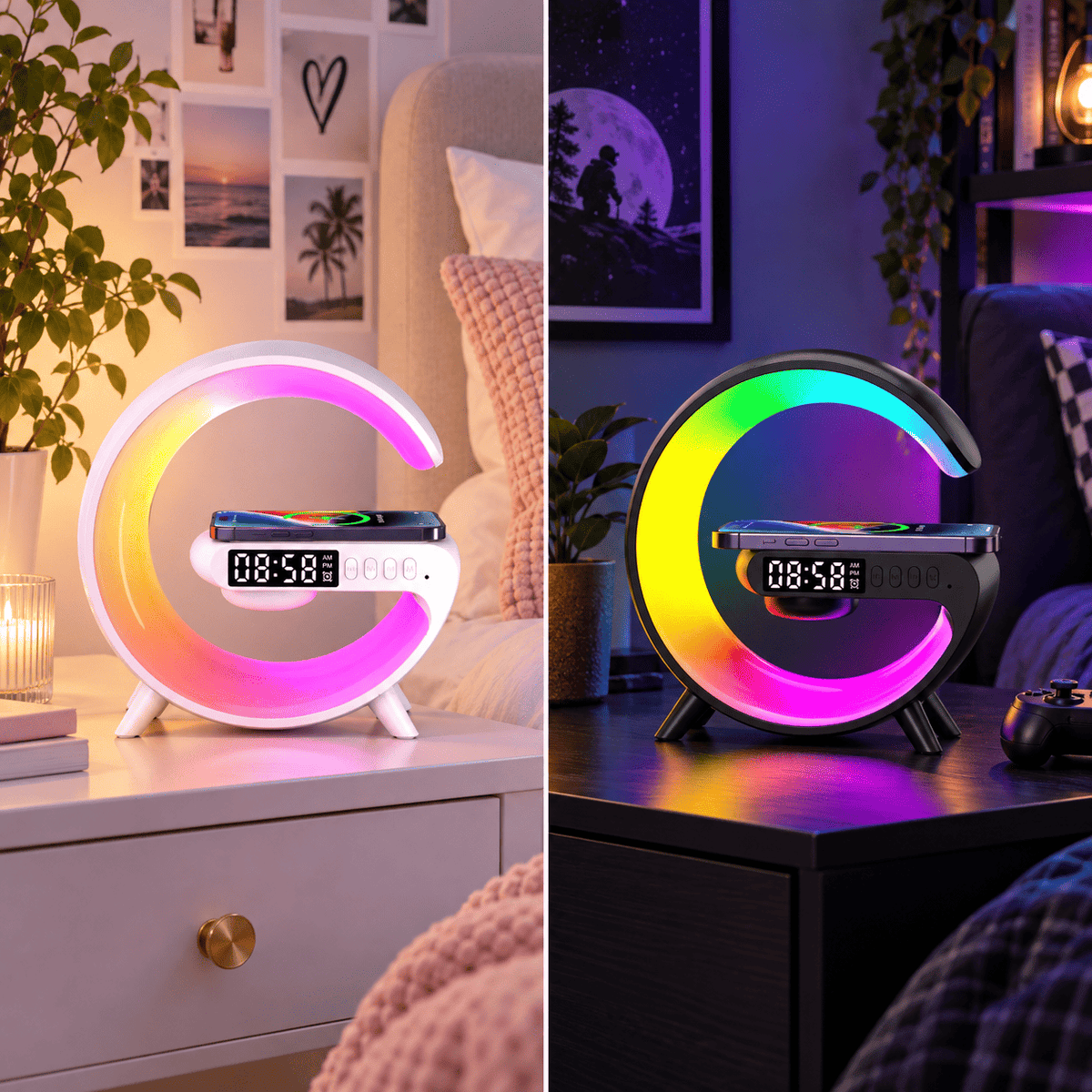 Réveil connecté intelligent avec éclairage RGB présenté en version blanche et noire dans une chambre