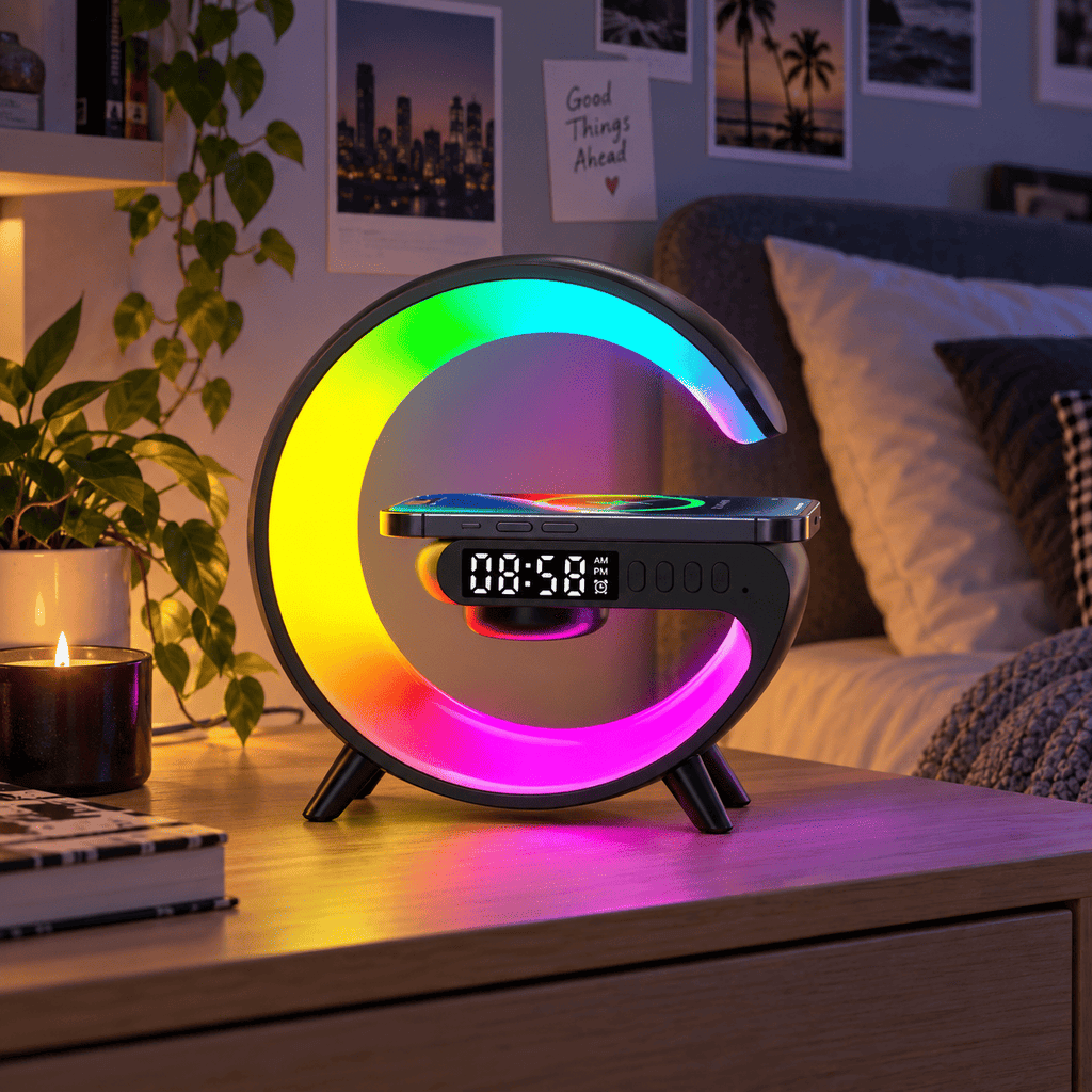 Réveil connecté intelligent noir avec éclairage multicolore et charge sans fil posé sur une table de chevet