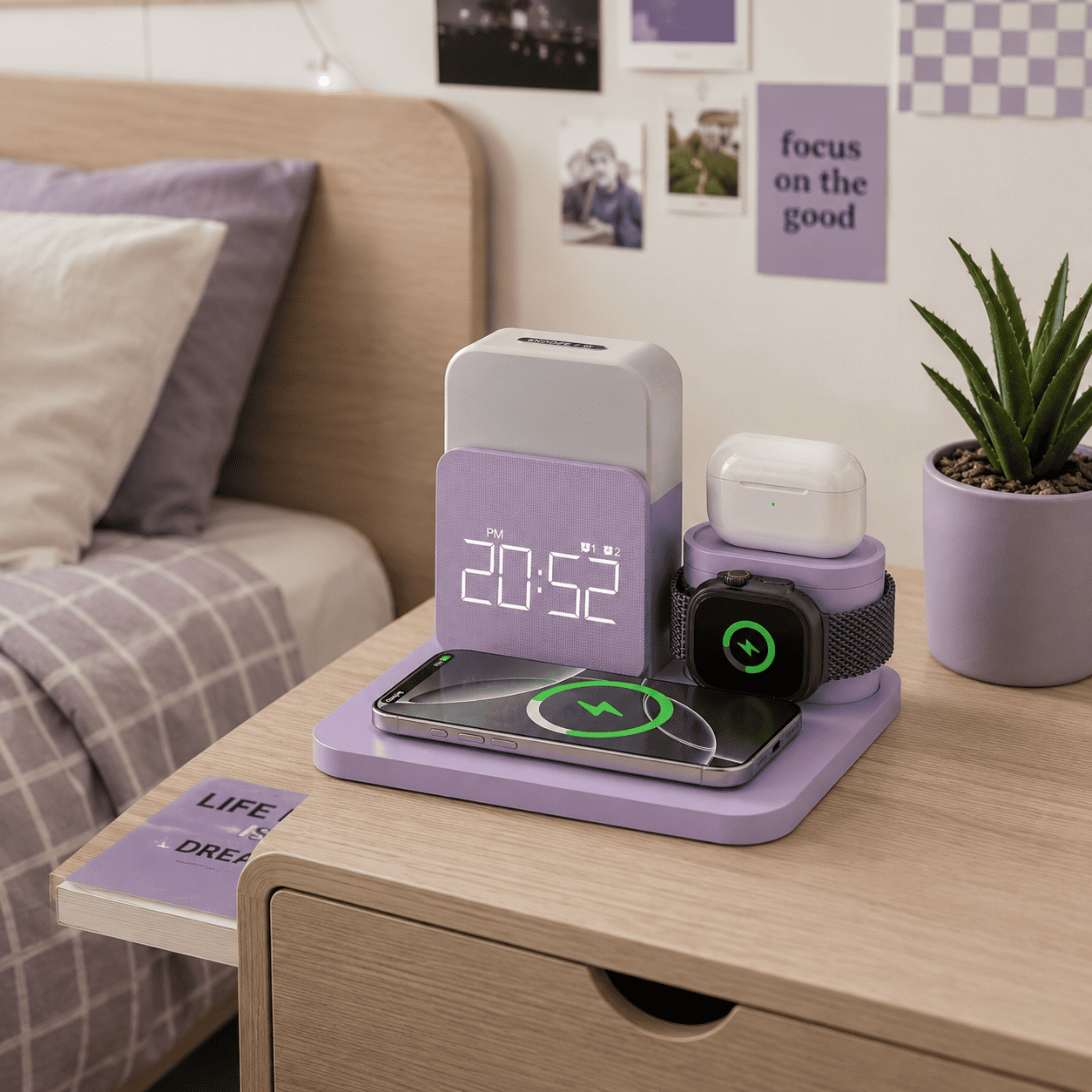 Réveil Connecté Station de Charge 3-en-1 Violet - monreveil.com