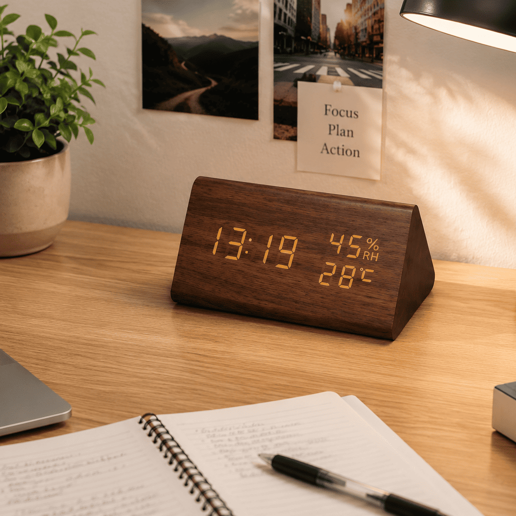 Réveil Effet Bois de Bureau Thermomètre - monreveil.com 