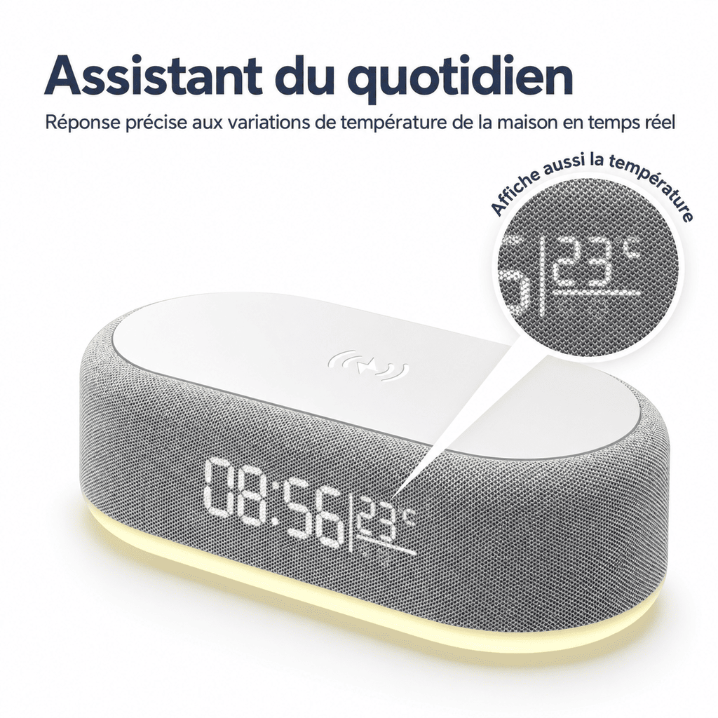 Réveil à induction numérique avec affichage de l’heure et de la température ambiante