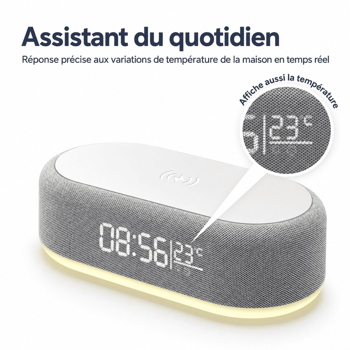 Réveil à induction numérique avec affichage de l’heure et de la température ambiante