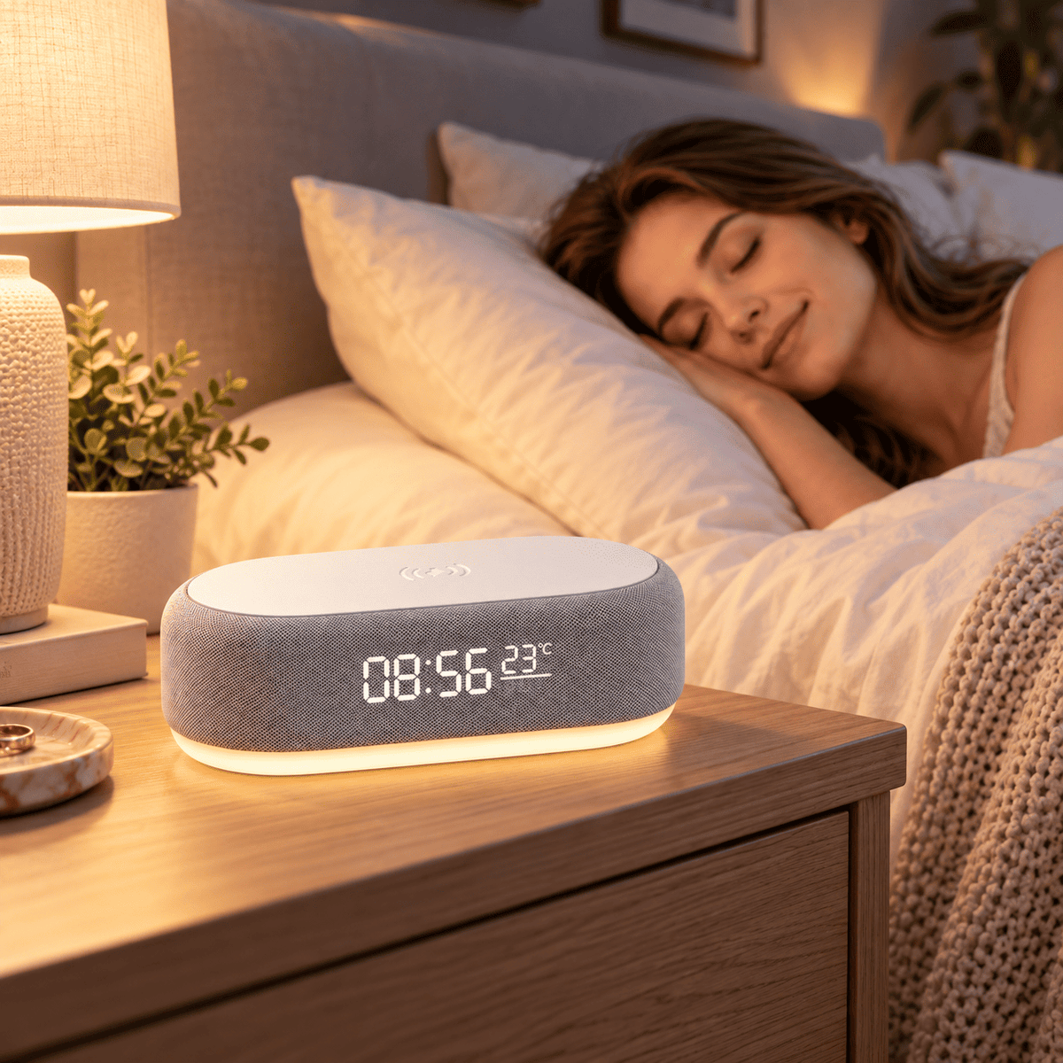 Réveil à induction posé sur une table de chevet avec lumière douce pendant le sommeil