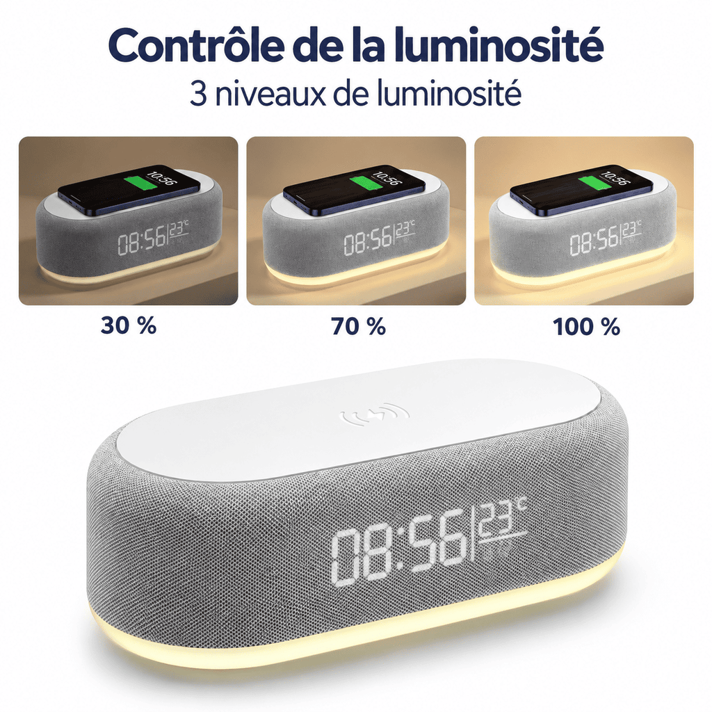 Réveil à induction avec lumière réglable sur trois niveaux de luminosité à 30, 70 et 100 %
