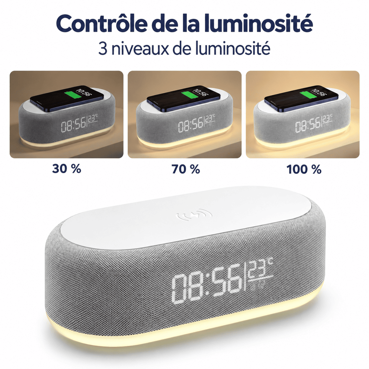 Réveil à induction avec lumière réglable sur trois niveaux de luminosité à 30, 70 et 100 %