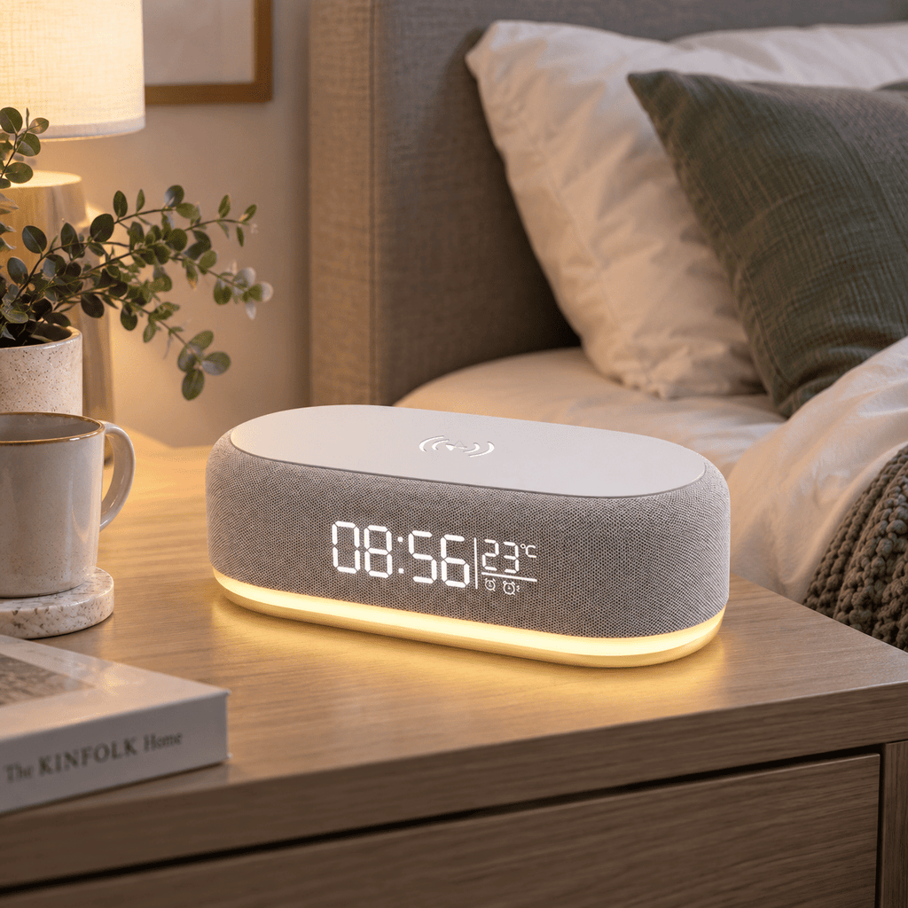 Réveil à induction avec affichage numérique et lumière douce posé sur une table de chevet